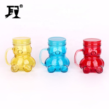 400ml  bear shaped glass mason jar with handle for juice beverage with metal lid